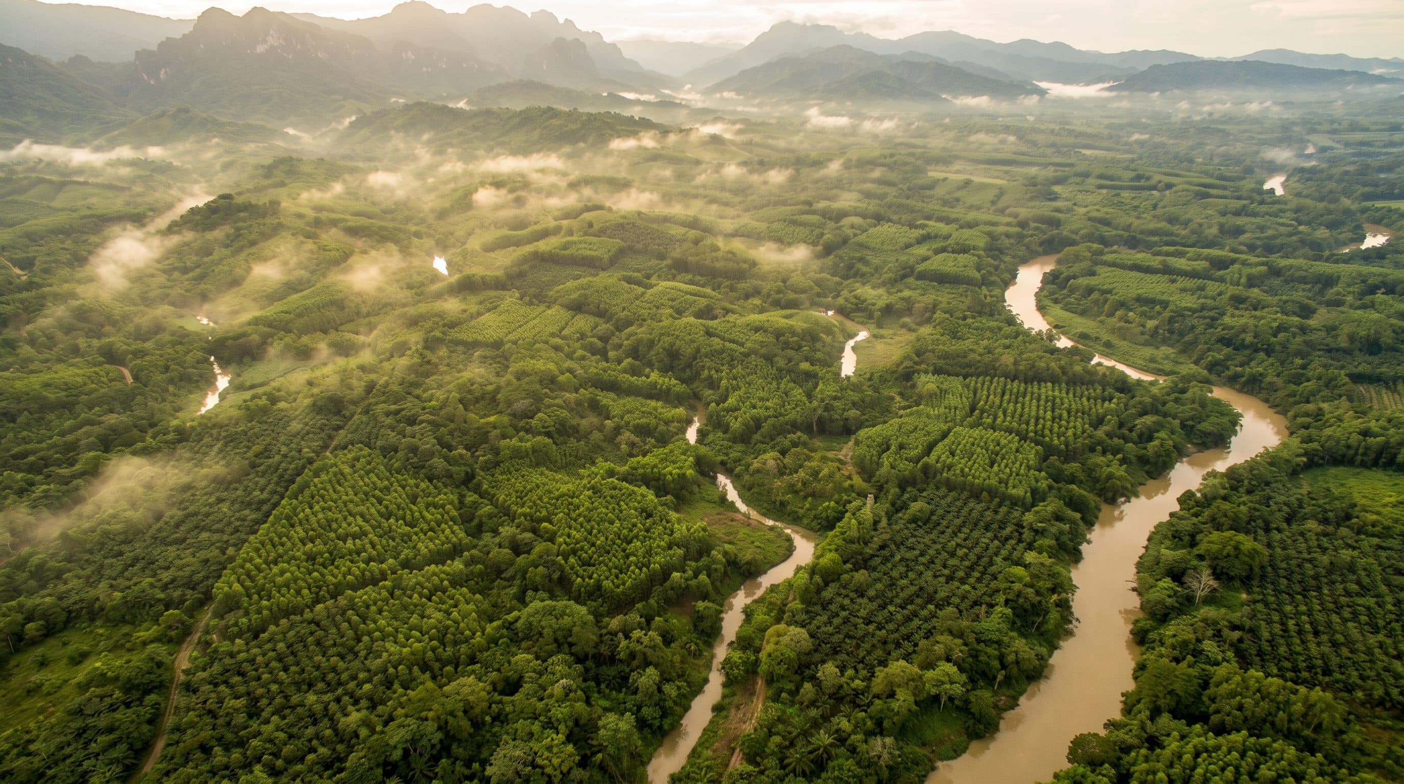 Aerial view of forest and river, the same satellite perspective used to verify forest cover.